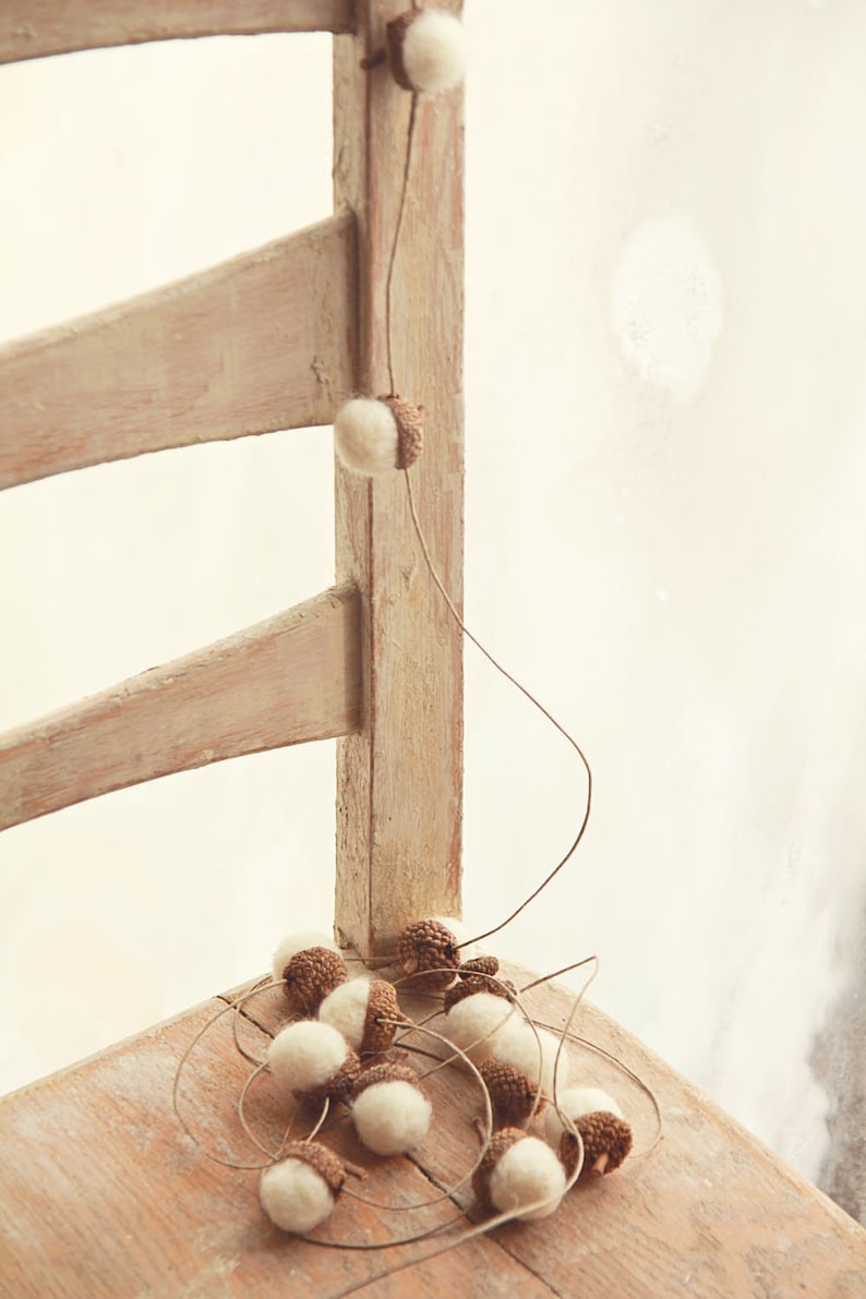 HEMP TWINE GARLAND With 12 Snow White Wool Felted Acorns Etsy