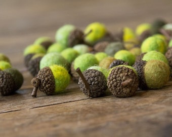 Set of 6 SHADES OF GREEN  Wool Felted Acorns-  As seen in Southern Living magazine| boho, cottage chic, woodland, rustic