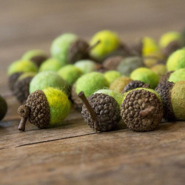 Set of 12 SHADES OF GREEN  Wool Felted Acorns-  As seen in Southern Living magazine| boho, cottage chic, woodland, rustic