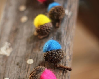 CANDY COLORED Wool Felted Acorns set of 12| boho, cottage chic, woodland, rustic