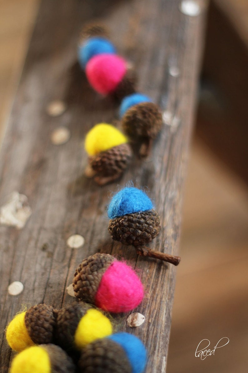 CANDY COLORED Wool Felted Acorns set of 12 boho, cottage chic, woodland, rustic image 1