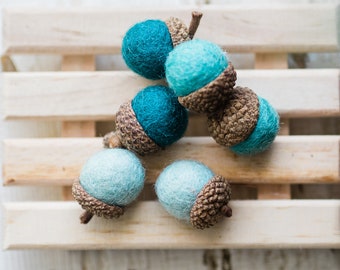 Set of 6 SHADES OF TEAL Wool Felted Acorns- use for beautiful wedding decor, home accessories and Christmas ornaments