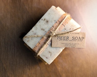 BEER SOAP w/ Wood Holder Gift Set {Made In The OZARKS} | Luxury Soap, Sea Salt Soap Bar, Detoxifying Soap, Detox Soap, Rustic Gift, Man Gift