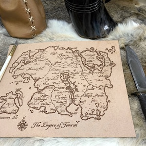 Laser Engraved Tamriel Leather Map - Elder Scrolls Skyrim Gift