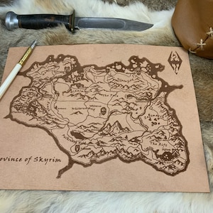 Skyrim Leather Map - laser engraved map - Elder Scrolls Gamer Gift - LARP fantasy map scroll - 3 sizes