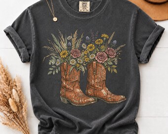 Comfort Colors Cowboy Boots Shirt, Floral Western T-Shirt, Cowgirl Wildflower Graphic Tee, Vintage Country Shirt, Boho Western Gift