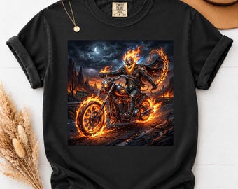 Comfort Colors Vintage Flaming Skull Motorcycle T-Shirt, Vintage Biker Tee, Gothic Skull Shirt, Retro Motorcycle Graphic Tee, Ghost Rider