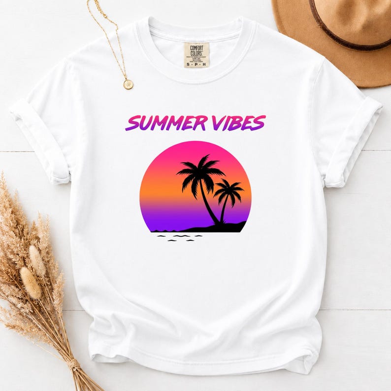Comfort Colors Retro Sunset Shirt, Summer Vibes Tee, Palm Tree Vaporwave T-Shirt, 80s Beach Graphic Tee, Tropical Vacation Shirt image 1