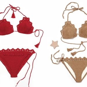 May include: Two crochet bikini sets, one red and one brown, with tassel accents. Both sets feature a triangle top and a high-cut bottom.
