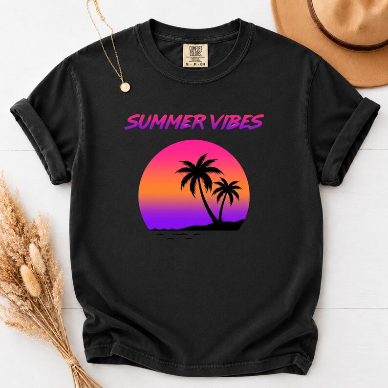 Comfort Colors Retro Sunset Shirt, Summer Vibes Tee, Palm Tree Vaporwave T-Shirt, 80s Beach Graphic Tee, Tropical Vacation Shirt image 3