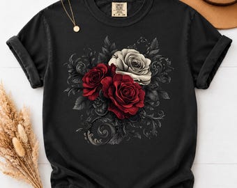 Comfort Colors Red & White Roses Floral Shirt, Gothic Rose T-Shirt, Vintage Botanical Tee, Floral Vine Graphic Shirt, Flower Gift