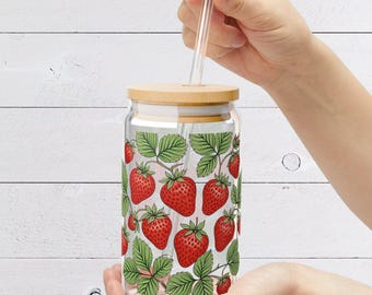 Strawberry Sipper Glass Summer Drink Fruit Lover Gift Eco-Friendly Berry Party Vintage Kitchen Decor Coffee Tea Mug Cottage Core Trending