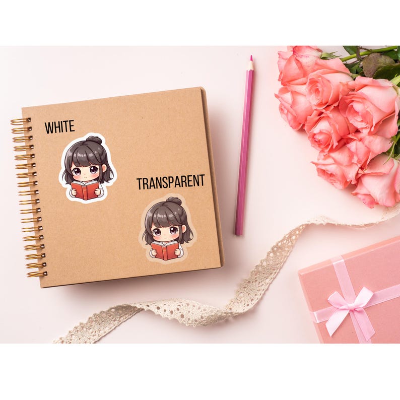 Puede incluir: Dos pegatinas con una chica de dibujos animados leyendo un libro se muestran en un cuaderno de espiral. Una pegatina est&aacute; etiquetada como "WHITE" y la otra como "TRANSPARENT". Un l&aacute;piz rosa, rosas rosas, una caja de regalo y una cinta de encaje tambi&eacute;n est&aacute;n en la imagen.