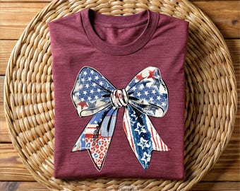 4th Of July USA Flag Bow Shirt, American Flag Bow Shirt, Red White And Blue Bow Tee, Cute Gift For Independence Day, Vintage Patriotic Shirt