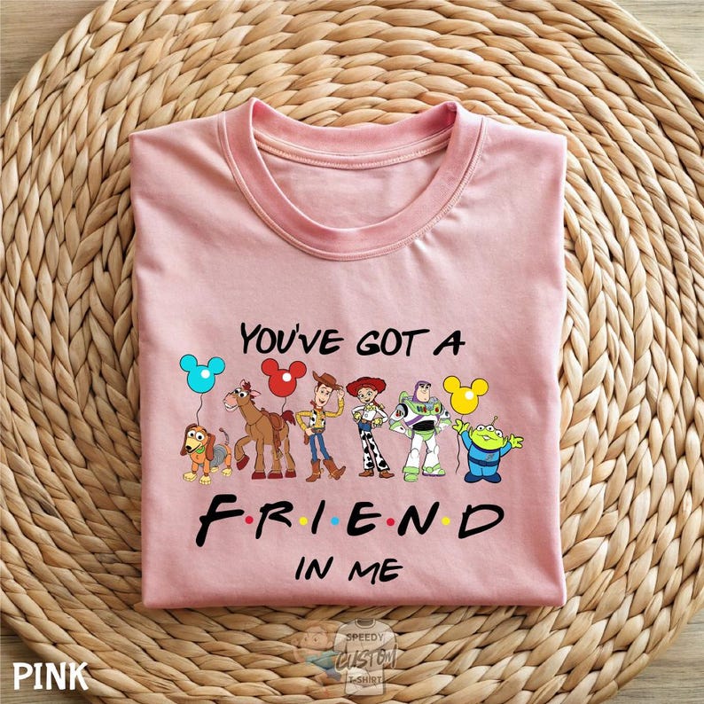 A pink t-shirt with a graphic design featuring characters from the animated series "Toy Story" and the text "You've Got a Friend in Me".