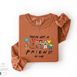 A brown t-shirt with a graphic design featuring various cartoon characters and the text "You've Got a FRIEND in me" printed on it.