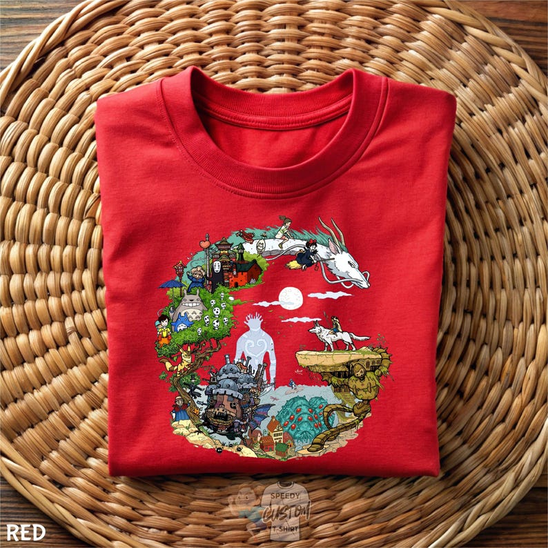 a red t - shirt with a picture of a person surrounded by animals