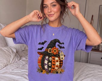 Camiseta Comfort Colors® de calabaza de Halloween, camiseta de sombrero de bruja de patchwork, camiseta rústica de otoño con estampado, sudadera vintage de otoño, prenda de temporada espeluznante