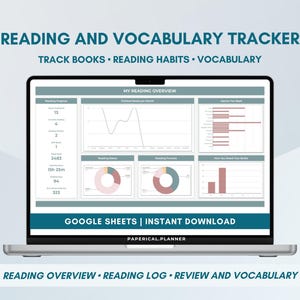 May include: A laptop screen displays a reading and vocabulary tracker. The screen shows charts and graphs tracking books, reading habits, and vocabulary. Text on the screen includes "Reading Overview" and "Google Sheets | Instant Download."