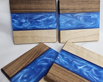 Elegant Blue Ocean Wave Handcrafted Wood & Resin Coasters - Maple and Walnut