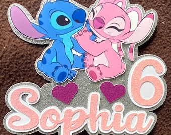 Stitch and Angel Cake Topper, Personalized Birthday Party Decor