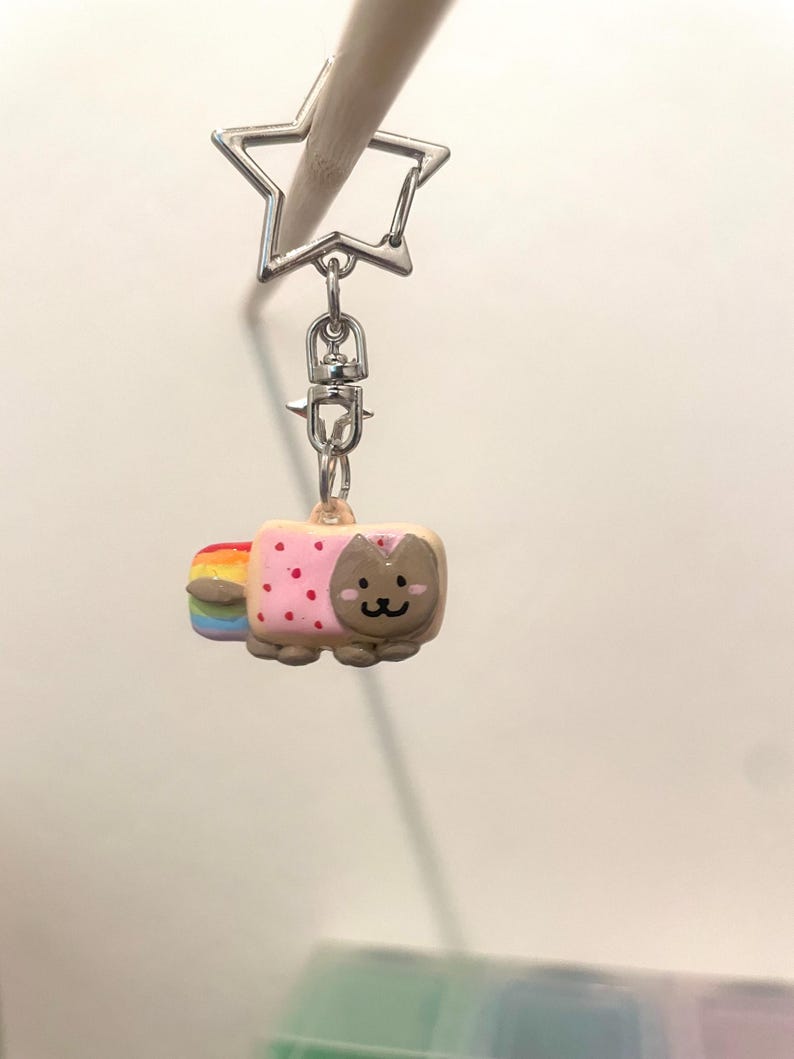 May include: A pink and brown cat-shaped keychain with a rainbow tail. The keychain is attached to a silver star-shaped key ring.