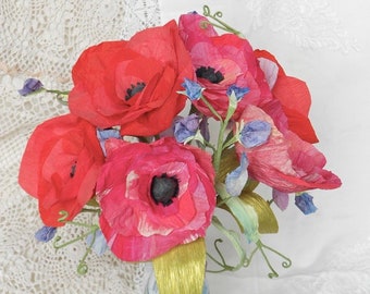 Sweet Pea and Poppy Crepe Paper Wedding Bouquet