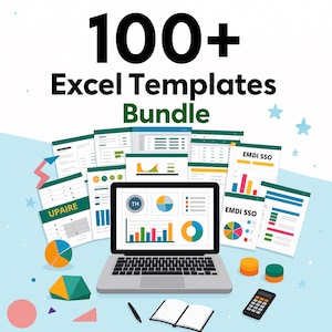 May include: An illustration featuring a laptop displaying charts and graphs, surrounded by various Excel templates and office supplies. The image prominently displays the text "100+ Excel Templates Bundle."