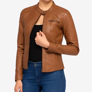 Handmade Slim Fit Leather Moto Jacket: Cognac Brown Biker Coat