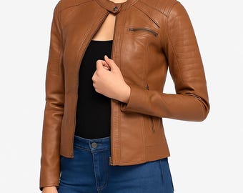 Handmade Slim Fit Leather Moto Jacket: Cognac Brown Biker Coat