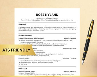 May include: A resume template with the name "ROSE NYLAND" and contact information. The resume includes a summary, work experience, and education sections. The words "ATS FRIENDLY" and "4 FORMATS INCLUDED" are also visible. A black and gold pen is on the right.