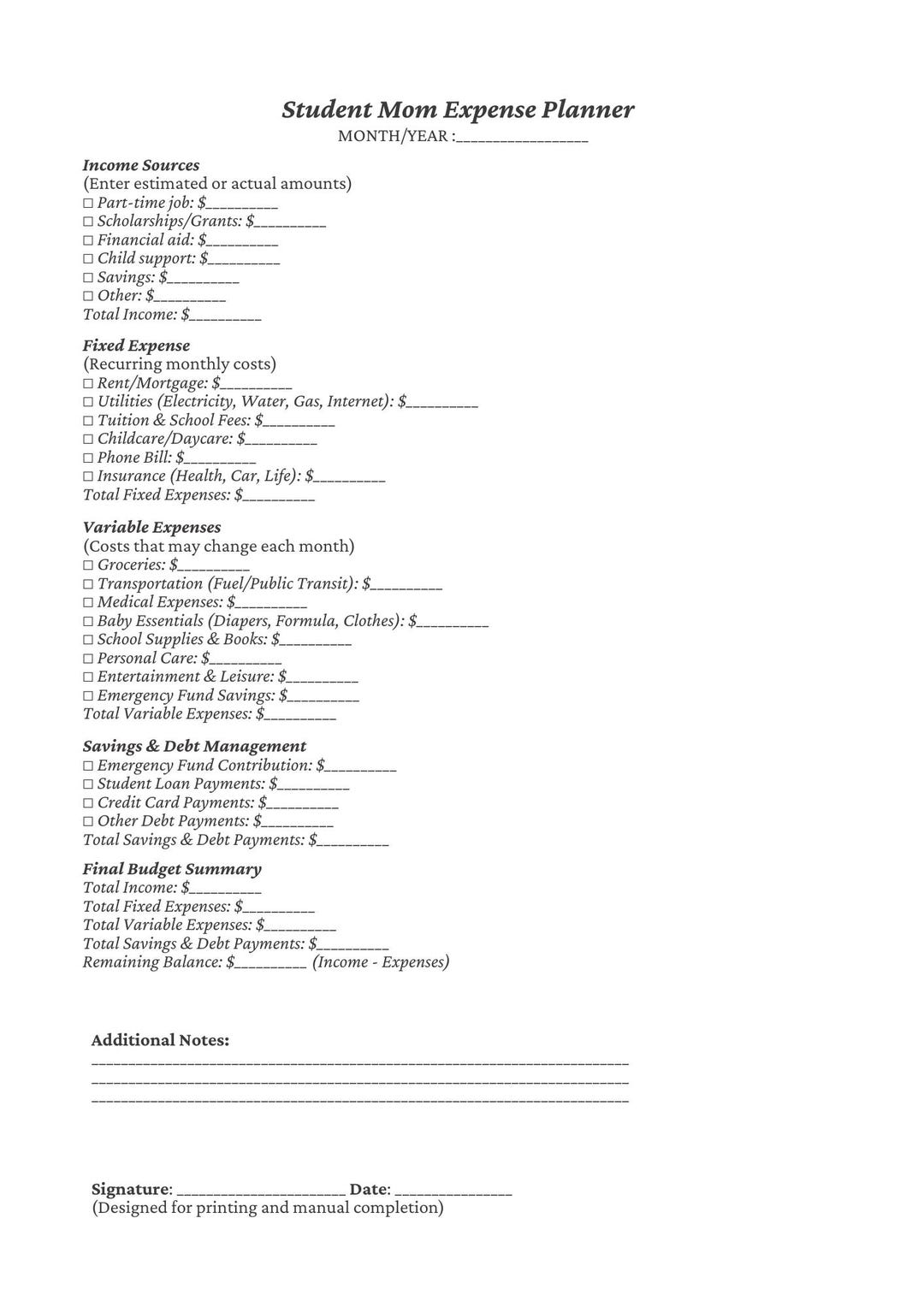 Mooe Expense Checklist.pdf Student Mom Expense Planner Checklist Template - Etsy