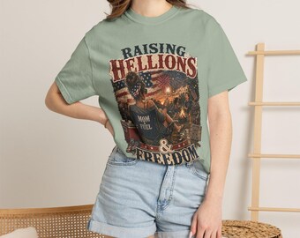 悪ガキを育てて自由を手に入れるTシャツ｜愛国的なママ、アメリカ国旗、ヴィンテージバイク