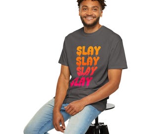 Slay Dripping Text T-Shirt: Orange Red Gradient, Unisex Cotton Tee
