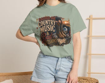 カントリーミュージックと悪い決断Tシャツ｜ヴィンテージラジオ、ギター、ウイスキーボトル
