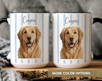 Custom Pet Portrait Mug, Blue Stripes, Dog Mom Keepsake, Personalized Pet Gift