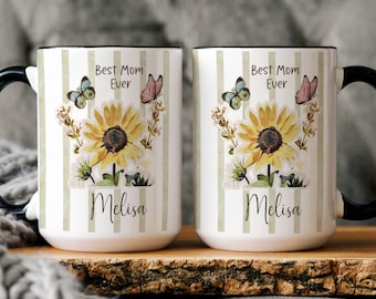 Personalized Sunflower Mug, Botanical Butterfly, Cottagecore Gift