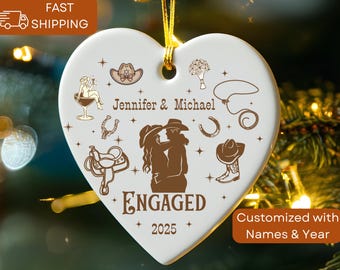 Personalized Wester Engagement Ornament 2025, Cowboy Cowgirl Couple Heart Christmas Keepsake, Rustic Country Wedding Gift, Custom Engaged