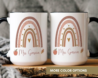 Personalized Teacher Mug, Rainbow Design, Custom Name Coffee Cup