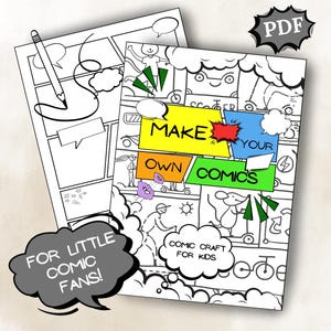 Może przedstawiać: Dwie strony komiksu, jedna pusta i jedna z projektem komiksu. Druga strona zawiera tekst "MAKE YOUR OWN COMICS" w kolorowych blokach i "COMIC CRAFT FOR KIDS". Dymek mówi "FOR LITTLE COMIC FANS!" a ikona PDF jest w rogu.