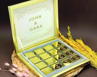 Wedding, Gold Chocolate Wedding Favors, Engagement Chocolate, Custom Chocolate For Guests, Plexiglass Chocolate, Luxury Chocolate Glass Box