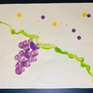 May include: A rectangular white ceramic plate with a painted grape design. The grapes are purple, with green vines and yellow and purple dots scattered across the surface. The plate has a slightly irregular edge.