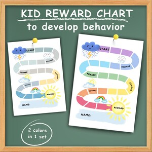 Pode incluir: Dois gráficos de recompensa infantis coloridos com um design de caminho, com ilustrações temáticas de clima e o texto "KID REWARD CHART to develop behavior". Cada gráfico tem um espaço para um nome e o texto "2 colors in 1 set."