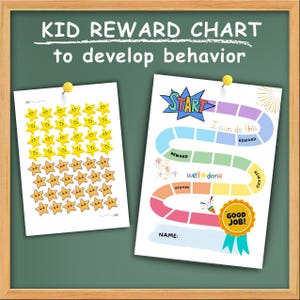 May include: Two reward charts on a green chalkboard background. One chart has yellow star stickers. The other chart has a path with the words "START", "REWARD", "I can do this", "well done", and "GOOD JOB!"