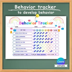 May include: A colorful behavior tracker chart with the text "Behavior tracker to develop behavior." The chart includes sections for tasks, days of the week, and a scoring system. The Canva editable design features rainbows and birds.