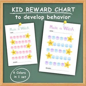 May include: Two reward charts pinned to a green chalkboard. The charts are white with pink and blue watercolor circles, star-shaped reward icons, and the text "Make a Wish". The text "KID REWARD CHART to develop behavior" is at the top.