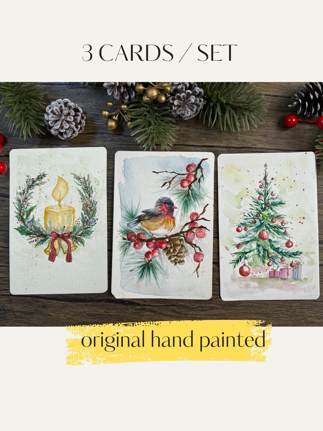 Set of 3 Vintage Christmas Card Watercolor Original Hand Painted Cards ...