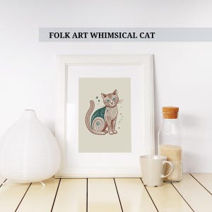 Cat Folk Art Poster Whimsical Animal Wall Art Print Unique Feline Artwork Home Decor Gift Bedroom Living Room Wall Hanging Housewarming Gift