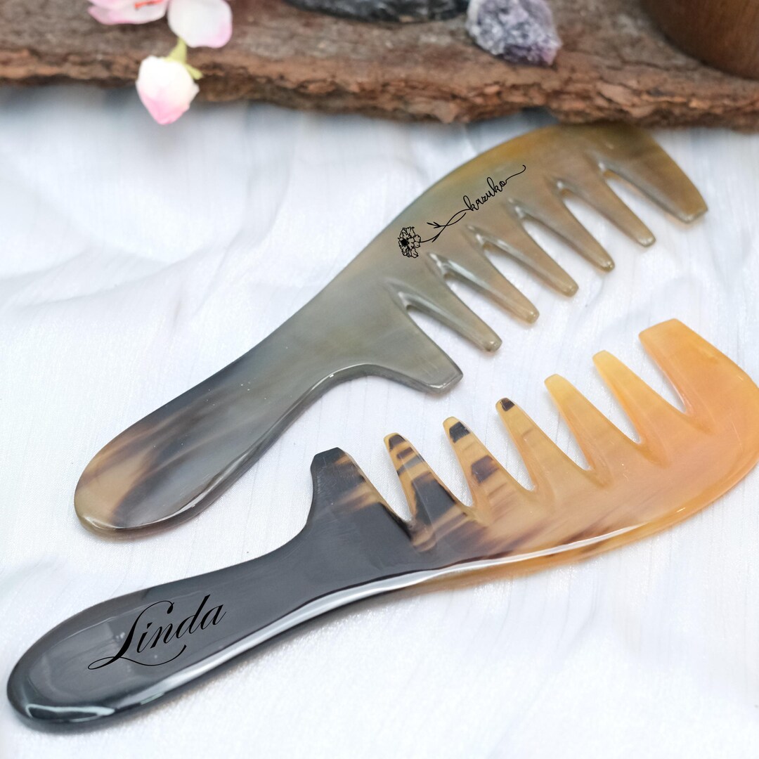 Personalized Extra Wide Tooth Horn Comb Long Handle Detangling Comb ...