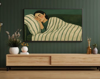 Samsung Frame Tv Artwork Digital Art Hisense Tv Painting Canvas Brushstrokes Green Couch Sleep Scene Modern Wall Art Lounge Display Decor